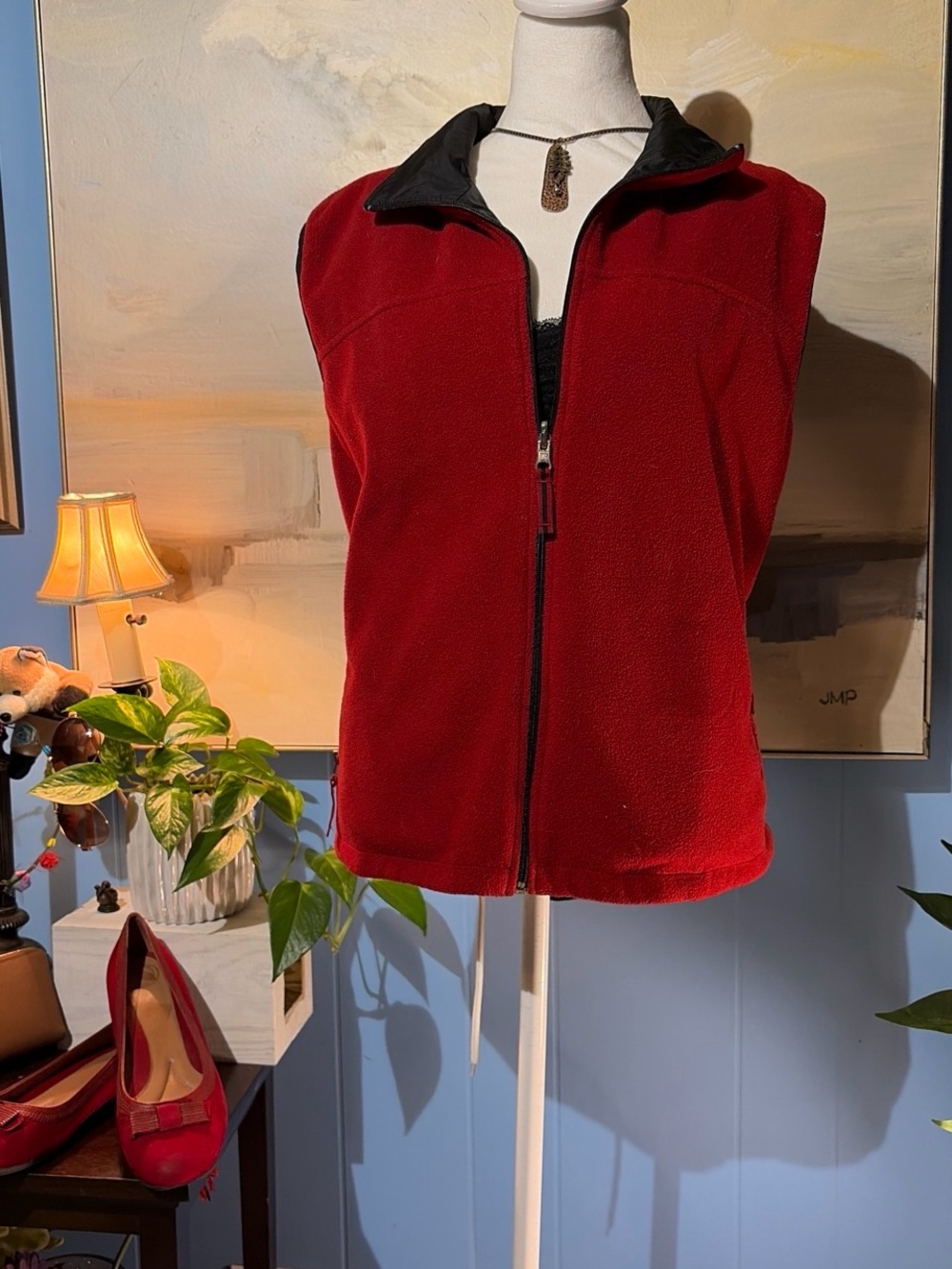 Athletic Works Red Fleece Zip-Up Vest with Black Collar Trim